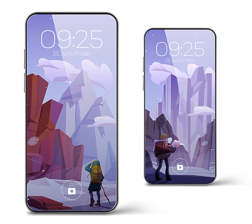 Smartphone with screensaver wallpaper with winter mountain landscape and hiker. Vector realistic set of mobile phones with cartoon background with rocks, snow and people with backpack