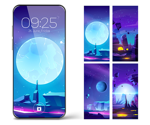 Smartphone lock screen with space, alien planets landscape. Mobile phone onboard page with date and time, digital cosmic wallpapers background for cellphone device, Cartoon user interface design set