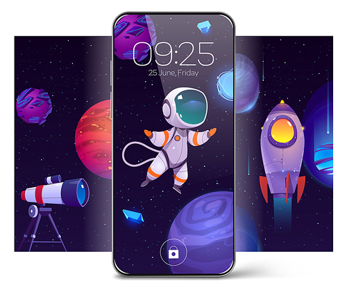 Smartphone with screensaver wallpaper with astronaut in outer space, alien planets and rocket. Vector mobile phone with cartoon background with spaceship, cosmonaut, cosmos with stars and telescope