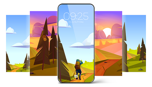 Screensaver wallpapers for smartphone with summer landscape with trees, fields and girl hiker. Vector illustration of mobile phone with set of cartoon backgrounds with sunset, woman and nature