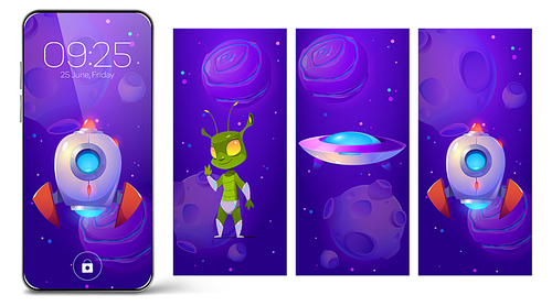 Smartphone lock screens with cartoon alien, rocket and ufo saucer in space. Mobile phone onboard pages, wallpaper with date, week day and time, Cosmic background for digital device, interface design