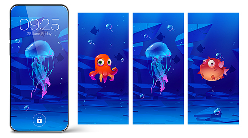 Smartphone lock screens with underwater animals, cartoon onboard pages for mobile phone. Digital wallpaper for device with cute puffer fish, jellyfish and octopus, user interface design collection