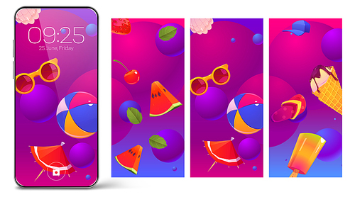 Smartphone lock screens, mobile phone onboard pages, wallpaper with ice cream, fresh fruits, beach items, date, week day and time for digital device, summer themed template, user interface design set
