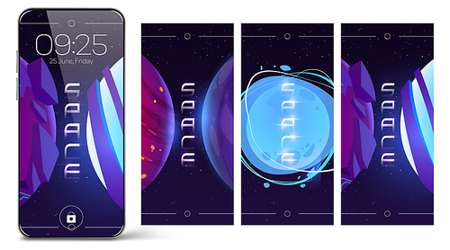 Smartphone lock screen with space and planets. Cartoon design of mobile phone onboard pages, wallpaper with cosmic world, fantastic Universe background for digital device, user interface design mockup