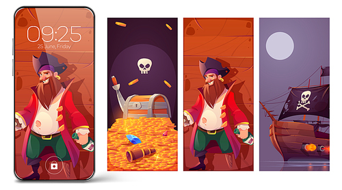 Pirate theme for smartphone screensaver with captain, treasure chest on pile of gold coins and wooden ship with black sails and flag. Vector cartoon illustrations for mobile phone screen