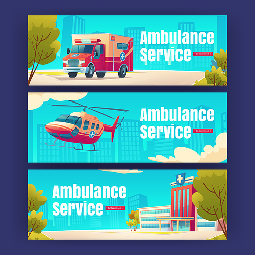 Ambulance service cartoon banners. Medical helicopter and car on urban cityscape background. Emergency hospital call, rescue team transport. Medicine aid, safety, Vector illustration, footer, header