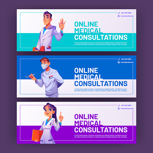 Online medical consultation cartoon ads banners, doctors greeting, gesturing with hand. Medicine, health care, hospital services ads background with clinic contact and place for information vector set