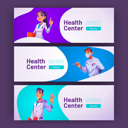 Health center banners with doctors in professional uniform. Vector horizontal posters of medical service, hospital or clinic with cartoon illustration of medical staff, physician, surgeon and dentist