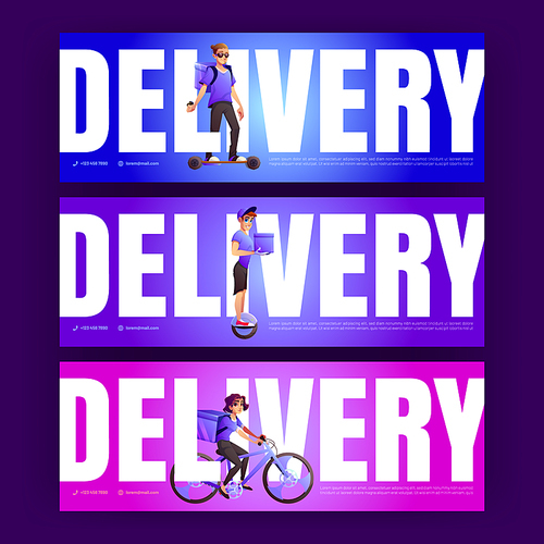 Delivery posters with couriers on bike, electric unicycle and skate. Vector banners of deliver service with cartoon illustration of people with backpack ride on bicycle, skateboard and monowheel