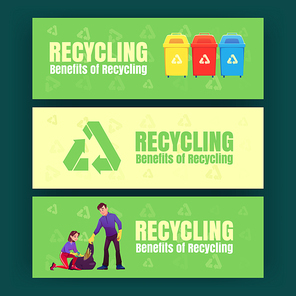 Ecology posters with trash bins, recycle sign and people collect garbage in bag. Vector banners of benefits of recycling with cartoon illustration of waste containers and volunteers clean up