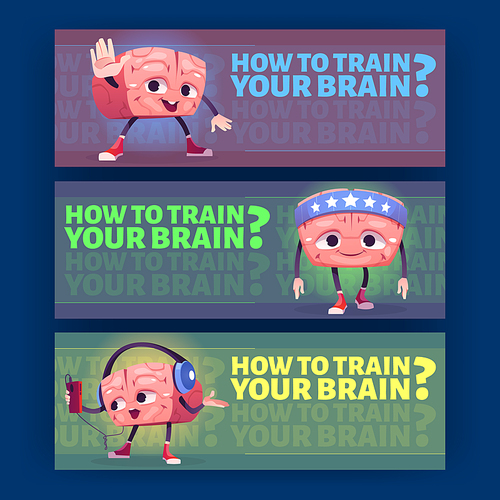How to train the brain cartoon banners with marrow character wear bandana and sneakers listen music in headset. Mind or intelligence development, pericranium intellectual exercises Vector illustration