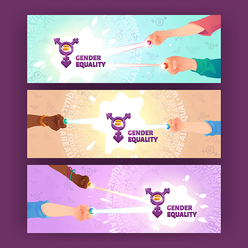 Gender equity cartoon banners. Concept of homosexuality, choice of sexuality, sex identity. Male and female hand couples connect power rings rays for creating transgender symbol, Vector illustration