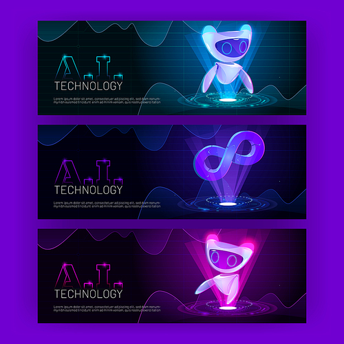Ai technology futuristic cartoon banners with artificial intelligence robot at neon glowing hud technological background with infinity symbol. Cyborg or droid, robotics and automation Vector concept