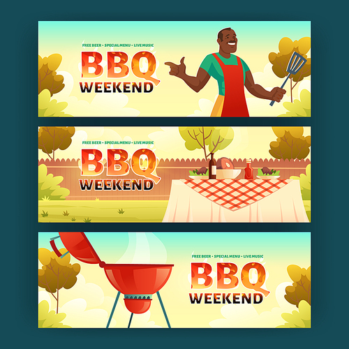 BBQ weekend cartoon banners with african american man in apron cooking on grill machine. Barbecue picnic on summer lawn in park or garden, invitation for outdoor backyard holiday party, Vector cards