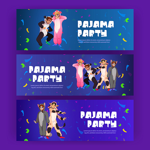 Pajama party posters with happy people in kigurumi dance at night. Vector invitation flyers with cartoon illustration of slumber party with characters in funny pyjamas and confetti