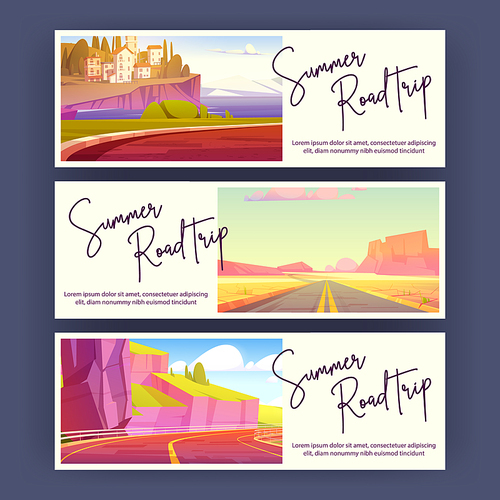 Summer road trip banners with landscape of mediterranean sea with island, desert and mountains with highway. Vector posters of travel and journey with cartoon different nature scene with car road