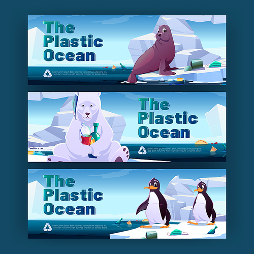 Ocean plastic pollution cartoon banners. Animals in polluted arctic nature. Wild penguins, polar bear and seal sit on ice floes in sea contaminated with garbage. Save planet vector eco concept flyers