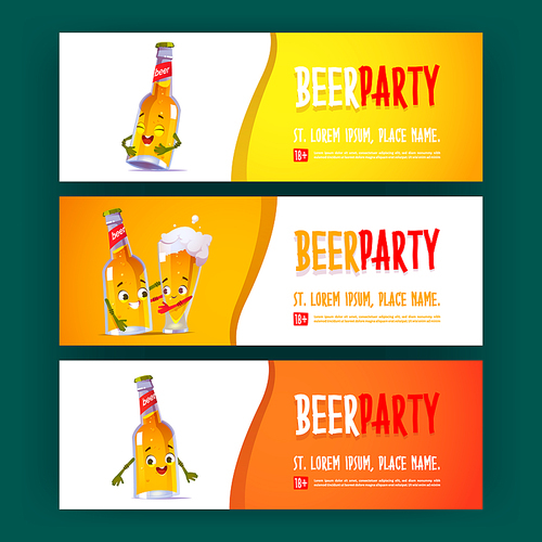 Beer party cartoon invitation banners, funny bottle and glass with foamy drink characters. Alcohol festival invite flyer, kawai funny cup and flask with cute face, Oktoberfest celebration vector cards