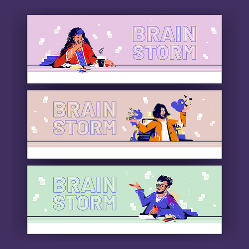Brain storm cartoon banners with business people think idea. Creative team man and women work, searching solutions, brainstorming and discussing new projects, Line art flat vector header or footer