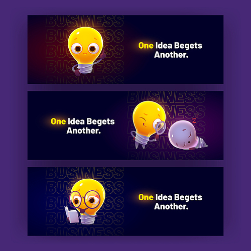 cartoon banners with funny light bulbs characters glowing, smiling, sleeping and ing solution with magnifying glass. cute lamps express emotions creative invitation flyers, vector illustration