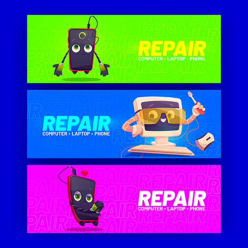 Gadgets repair service cartoon ad banners. Computer and smartphone characters, cute pc desktop in protective glasses and screwdriver in hand. Vector mascots fixing broken electronics device repairment