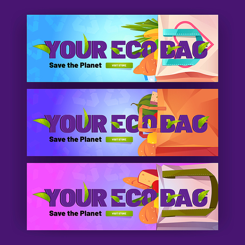 Your eco bag cartoon banners. Paper and cotton shopping packs with grocery. Reusable package with fresh food, fruits, vegetables, cheese and bread. Save planet ecological concept, Vector illustration
