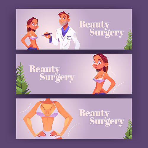 Beauty surgery posters with woman patient and doctor. Vector banners of aesthetic plastic operation, breast lift and rhinoplasty with cartoon illustration of girl in bra and surgeon in clinic