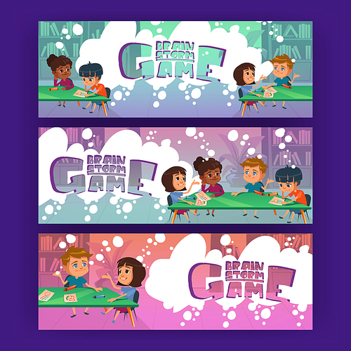 Brainstorm game banners with kids thinking together and dispute. Vector posters of brainstorming, quiz and mind game with cartoon illustration of clever children at table with pictures