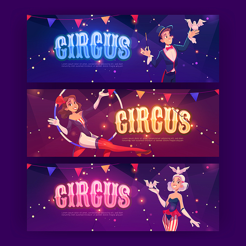 Circus posters with magician, aerial gymnast and woman assistant. Vector invitation banners to carnival show with cartoon illustration of girl acrobat in hoop and illusionist with magic wand and dove