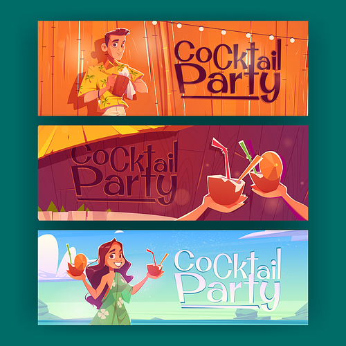 Cocktail party flyers with woman holding coconuts with straws on sea beach and bartender in wooden bar. Vector posters with cartoon illustration of girl with exotic cocktails and drinks in coco