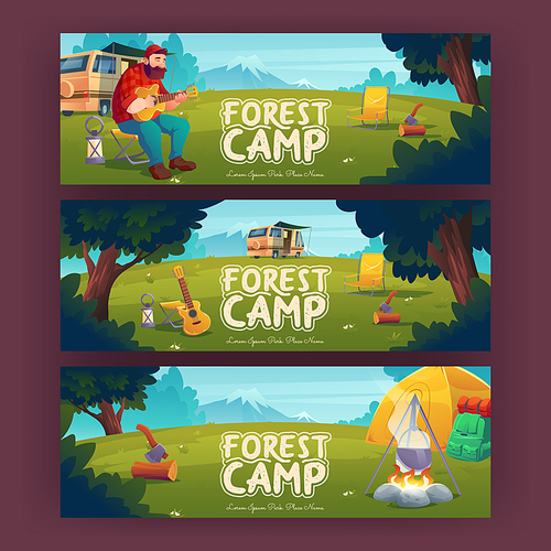 Forest camp posters with tent, bonfire and man with guitar. Vector horizontal banners of hiking, tourism with cartoon summer landscape with trees, mountains and campsite with fire, tourist and van