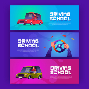 Driving school posters with man and woman sitting in cars. Vector banners of education and test for driver license with cartoon illustration of happy people in vehicle and hands on steering wheel