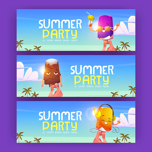Summer party flyers with cute ice cream on beach. Vector posters with cartoon illustration with hand holding popsicle. Chocolate icecream on stick melt, in headphones and and sunglasses