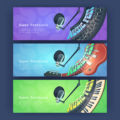 Super festival posters with music instruments and microphone. Vector invitation flyers to jazz, rock or pop party, musical fest with cartoon synthesizer, guitar and sound recording equipment