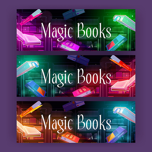 Magic books posters with mystic interior of library or store with literature. Vector horizontal banners with fantasy colorful cartoon illustration of flying open books and shelves on background