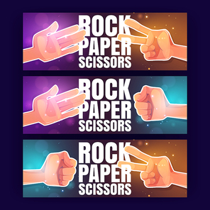 Rock, paper, scissors cartoon banners with human hands playing game showing fingers gestures. Friends challenge, competition, decision and strategy for win, people playing fun, Vector illustration