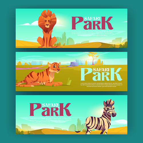 Safari park posters with zebra, tiger and lion in savannah. Vector invitation flyers to exotic tour in savanna with cartoon illustration of african animals in natural park