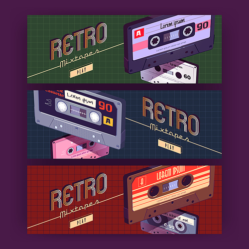 Retro mixtapes cartoon banners with audio cassettes. Mix tapes, media storage for music and sound. Backgrounds with vintage style analog hipster devices of eighties ages culture, Vector illustration