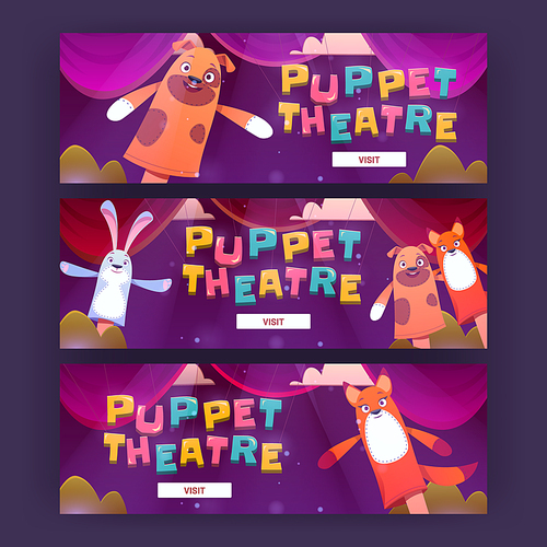 Puppet theater cartoon web banners, funny dolls perform show or fairy tale story for children on stage. Hand toys dog, rabbit and fox personages theatrical performance for kids, Vector illustration