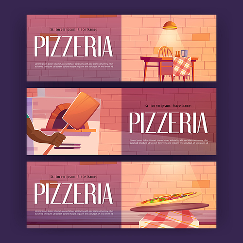 Pizzeria posters with restaurant interior, pizza, oven and scapula. Vector horizontal banners with cartoon illustration of cozy Italian cafe or cafeteria with brick stove