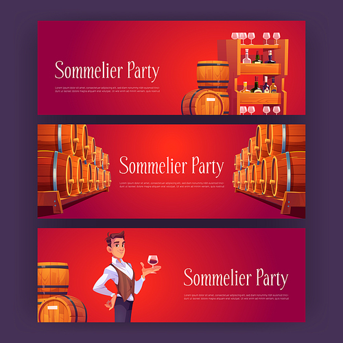 Sommelier party cartoon banners with man in wine shop holding wineglass in hand. Seller examine beverage in store with alcohol drink barrels and bottles stand on wooden shelf, Vector invitation flyers
