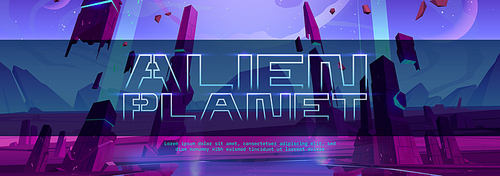 Alien planet cartoon banner with futuristic landscape, space background with glowing and flying rocks, moons in purple starry sky. Scientific discovery, fantasy computer game scene Vector illustration