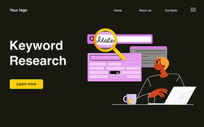 keyword re landing page. professional specialist with laptop using tools and services for browsing key words for seo optimization and social media content, vector cartoon line art web banner