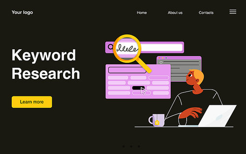 keyword re landing page. professional specialist with laptop using tools and services for browsing key words for seo optimization and social media content, vector cartoon line art web banner