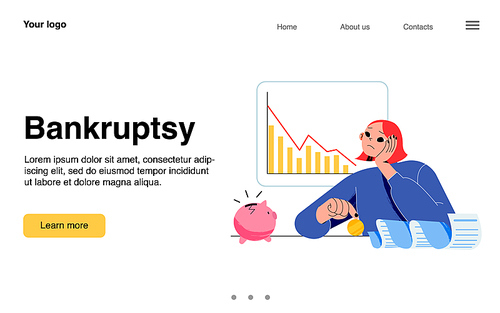 Bankruptcy, financial crisis landing page. Sad woman with coin and broken piggy bank at drop chart. Market crash, investment recession and decrease, global collapse, Line art flat vector illustration