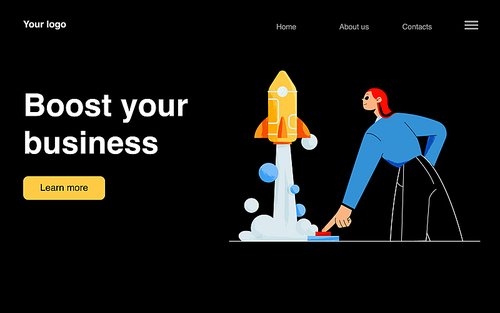 Boost your business landing page. Startup success, launch project concept with woman push on start button and rocket fly up. Progress, innovation and development, Line art flat vector fweb banner.