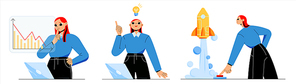 Woman have idea of boost business in economic crisis. Vector flat illustrations of entrepreneur with laptop, down graph, light bulb and rocket. Concept of start up, creative solution, success strategy