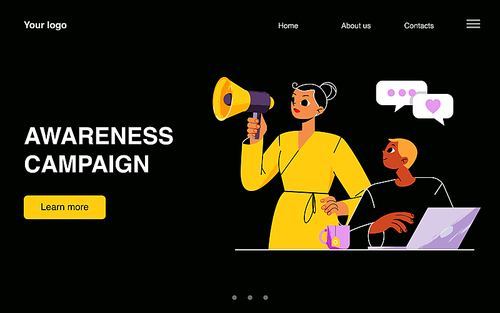 Awareness campaign banner. Concept of brand marketing, advertising, company pr announce. Vector landing page with flat illustration of woman with megaphone and man with laptop