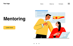 Mentoring banner with business coach helps employee. Vector landing page of mentorship, support and training people to achieve goals in career. Flat illustration of mentor and worker with laptop