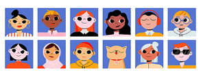 Set of people and pets avatars square round icons. Diverse men, women, girls, boys, cat portraits. Male and female characters with different appearance and ethnicity, Line art vector illustration